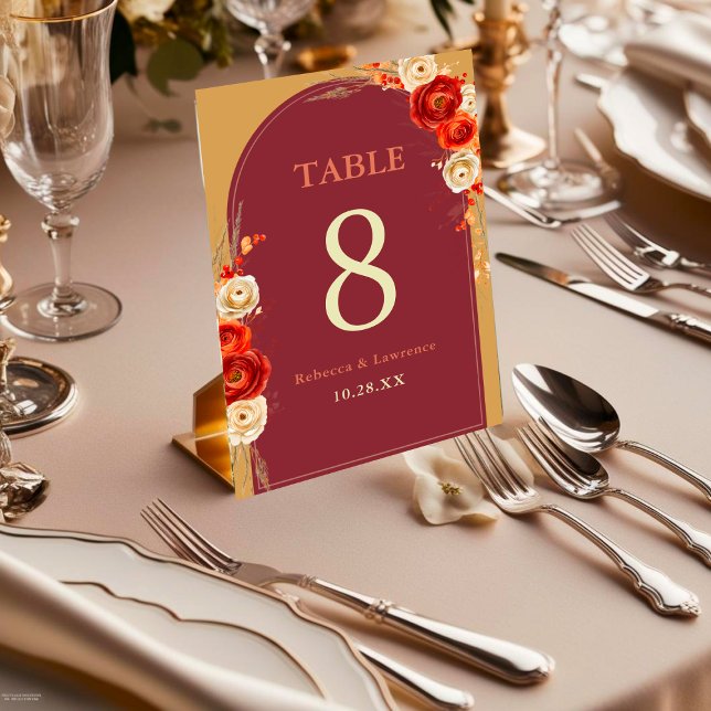 Chic Autumn Fall Floral Orange Terracotta Wedding Table Number (Creator Uploaded)