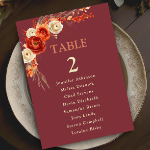 Chic Autumn Fall Floral Orange Wedding seating Table Number