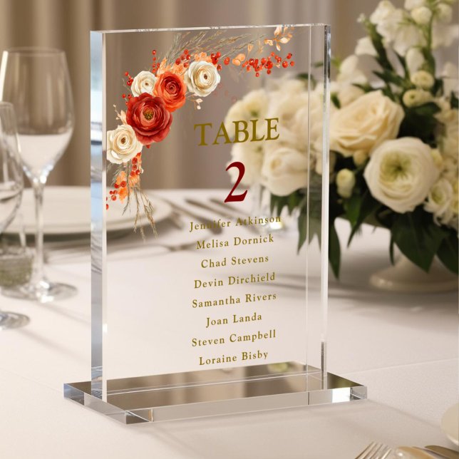 Chic Autumn Floral Orange seating table number Acrylic Sign (Creator Uploaded)