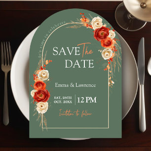 Chic Autumn Floral Orange terracotta sage Wedding Save The Date