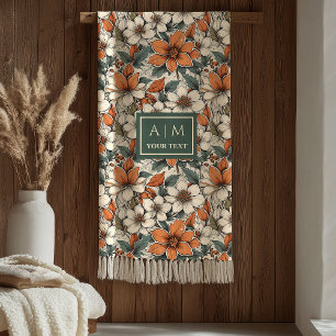 Chic Autumn Flowers Pastel Green Rust Colors Fleece Blanket