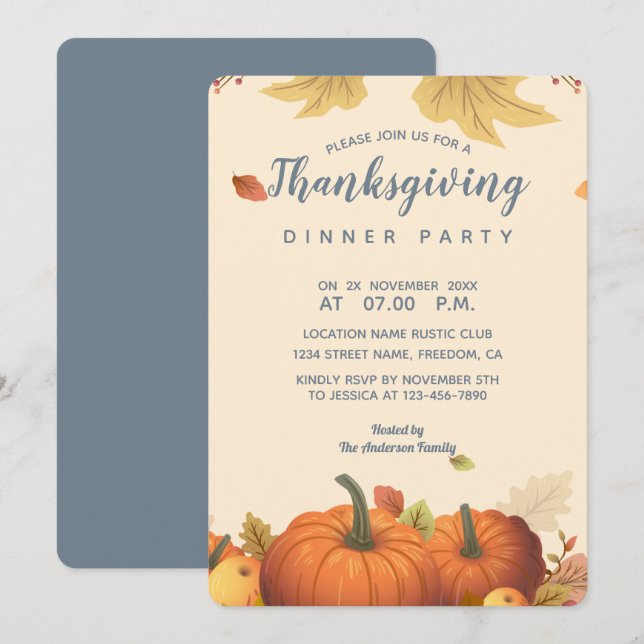 Chic Autumn Pumpkin Fall Leaves Dinner Trendy Invitation (Front/Back)