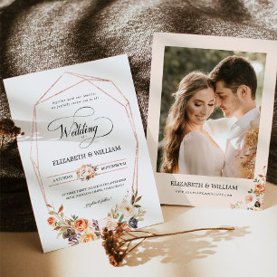 Chic Autumn Terracotta Floral Frame Photo Wedding Invitation