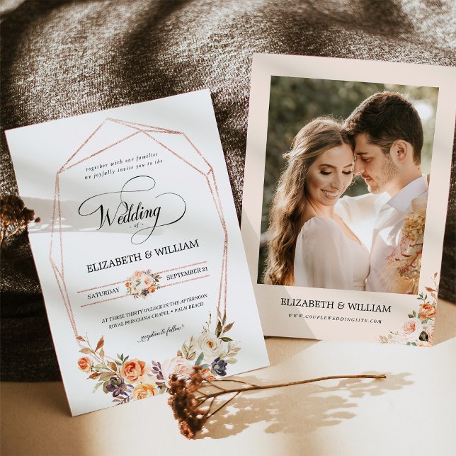 Chic Autumn Terracotta Floral Frame Photo Wedding Invitation (Creator Uploaded)