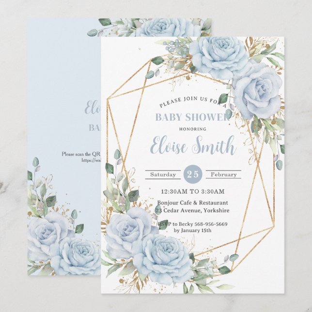 Chic Baby Blue Floral Boy Baby Shower QR Code  Invitation (Front/Back)