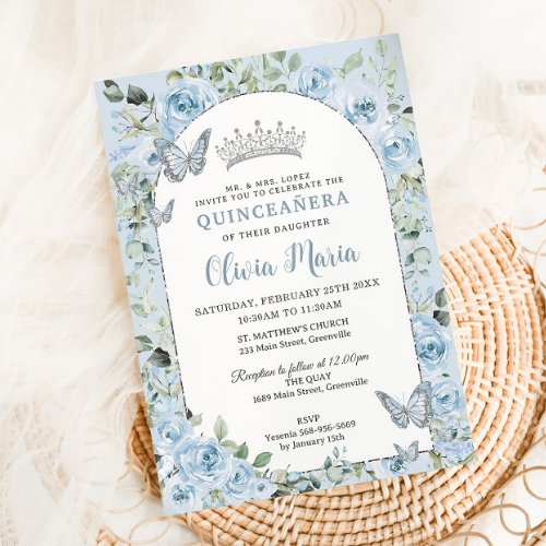 Chic Baby Blue Floral Butterflies Arch Quinceaera Invitation