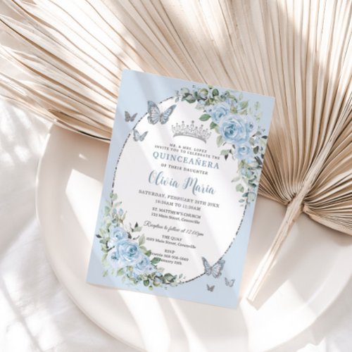 Chic Baby Blue Floral Butterflies Quinceaera Invitation
