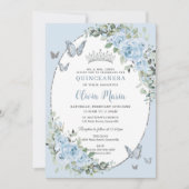 Chic Baby Blue Floral Butterflies Quinceañera Invitation (Front)