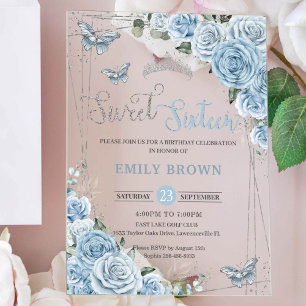 Chic Baby Blue Floral Butterflies Sweet Sixteen 16 Acrylic Invitations