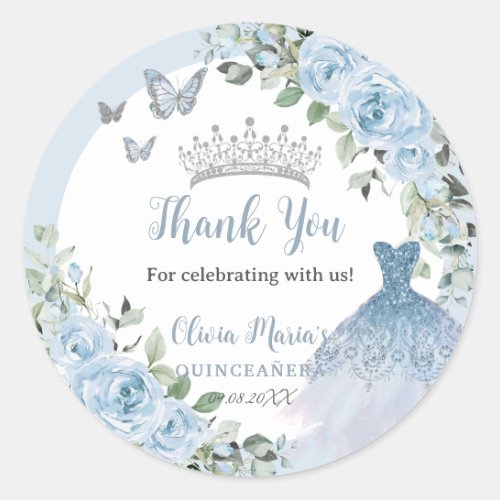 Chic Baby Blue Floral Dress Silver Quinceaera Classic Round Sticker