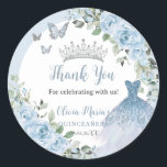Chic Baby Blue Floral Dress Silver Quinceañera Classic Round Sticker<br><div class="desc">Personalize these soft baby blue floral Quinceañera / Sweet 16 birthday sticker labels easily and quickly. Simply click the customize it further button to edit the texts, change fonts and fonts colors. Featuring pretty pastel baby blue flowers, delicate greenery and a glittery baby blue gown. Matching items available in store....</div>