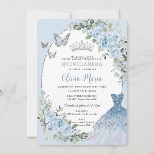 Chic Baby Blue Floral Dress Silver Quinceaera Invitation