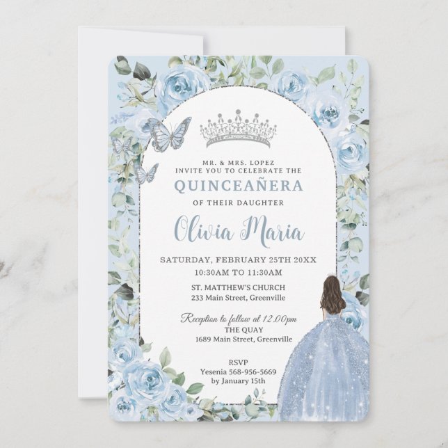 Chic Baby Blue Floral Princess Arch Quinceañera Invitation (Front)