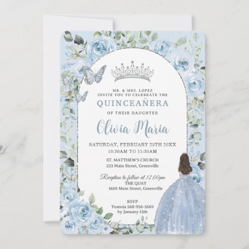 Chic Baby Blue Floral Princess Arch Quinceaera Invitation