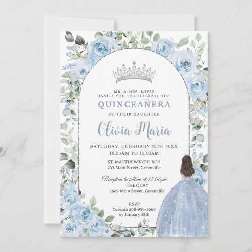Chic Baby Blue Floral Princess Quinceaera Silver Invitation