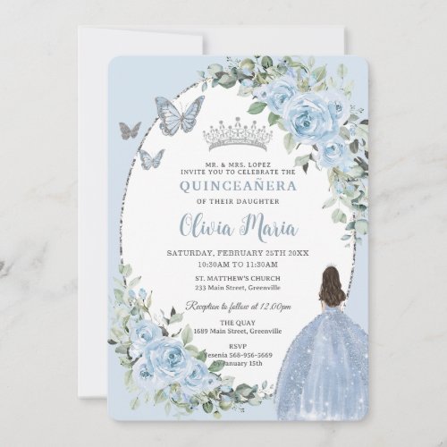 Chic Baby Blue Floral Princess Silver Quinceaera Invitation