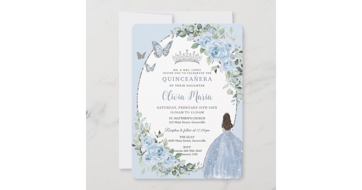 Chic Baby Blue Floral Princess Silver Quinceañera Invitation