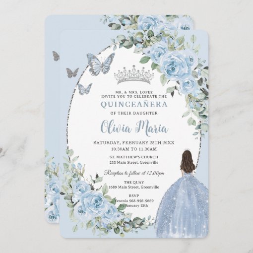 Chic Baby Blue Floral Princess Silver Quinceañera Invitation | Zazzle