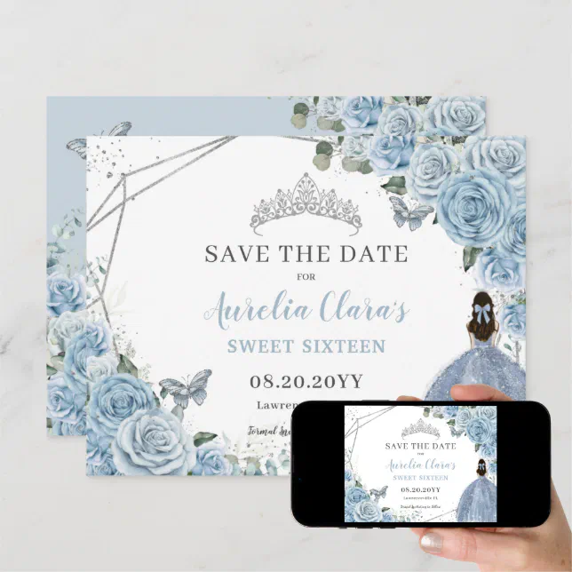 Chic Baby Blue Floral Quinceanera Sweet Sixteen Save The Date 