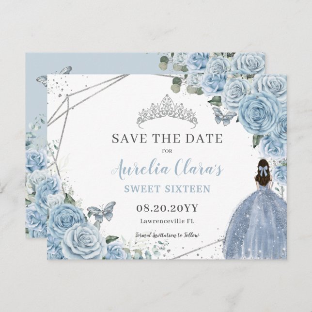 Chic Baby Blue Floral Quinceanera Sweet Sixteen Save The Date (Front/Back)