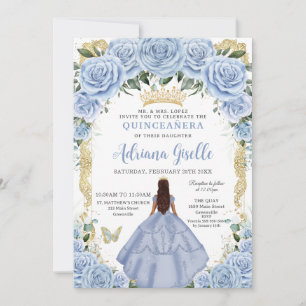 Chic Baby Blue Flowers Brown Princess Quinceañera Invitation