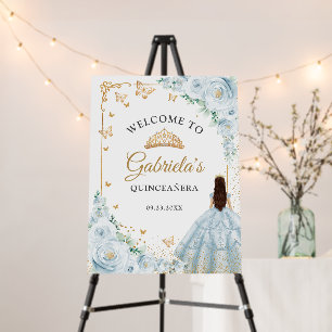 Chic Baby Blue Roses Gold Quinceanera Welcome Foam Board