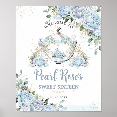 Chic Baby Blue Roses Princess Carriage Sweet 16 Poster