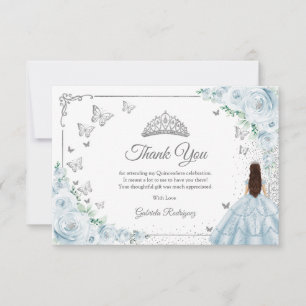 Chic Baby Blue Roses Silver Quinceanera Thank You Card