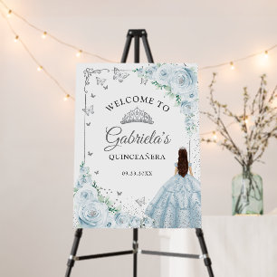 Chic Baby Blue Roses Silver Quinceanera Welcome Foam Board