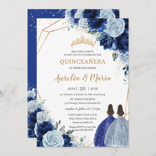 Chic Baby Blue Royal Blue Floral Twins Quinceaera Invitation