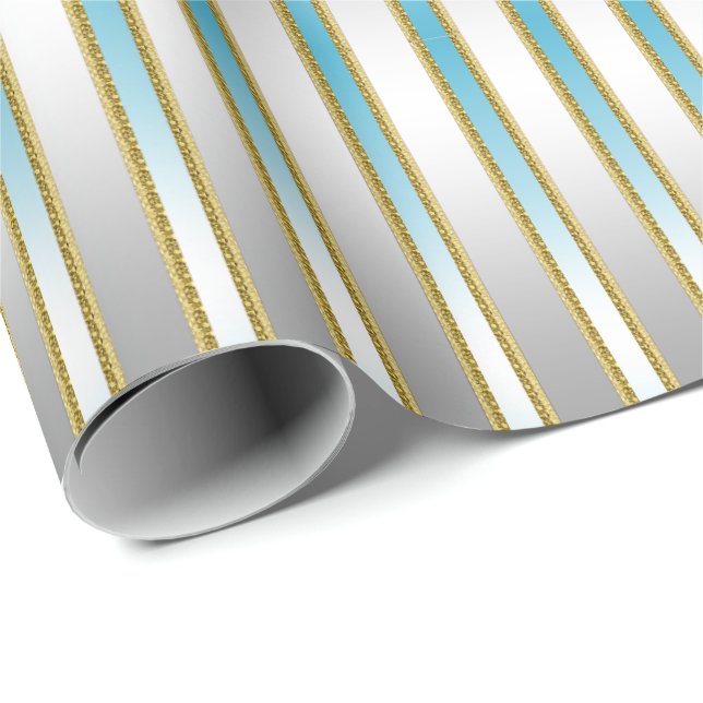 Chic Baby Blue Stripes on Silver Background Wrapping Paper (Roll Corner)