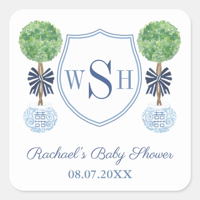 Chic Baby Boy Monogram Boxwood Baby Shower Favor Square Sticker (Front)