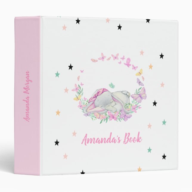 Chic Baby Elephant,Butterflies,Stars 3 Ring Binder (Front/Spine)