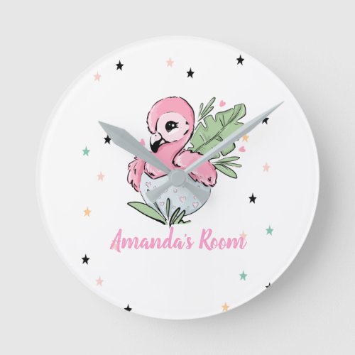 Chic Baby Flamingo Stars Princess   Round Clock