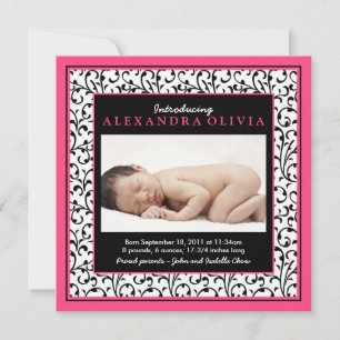 Chic Baby Girl Photo Hot Pink Birth Announcement