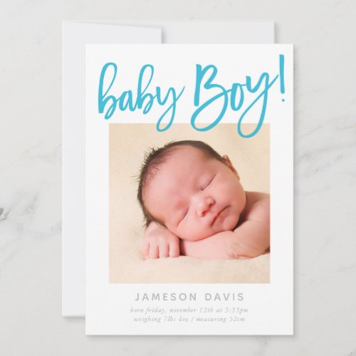 CHIC BABY PHOTO modern BOY aqua script lettering Announcement