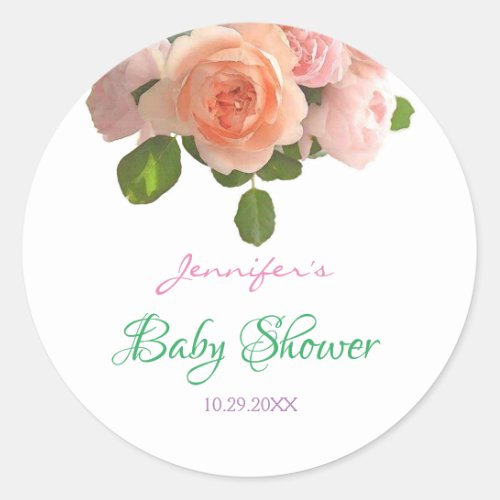 Chic Baby Shower Handwritten Text Watercolor Roses Classic Round Sticker