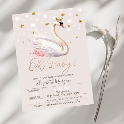 Chic Baby Swan Crown Stars Flowers Baby Shower Invitation