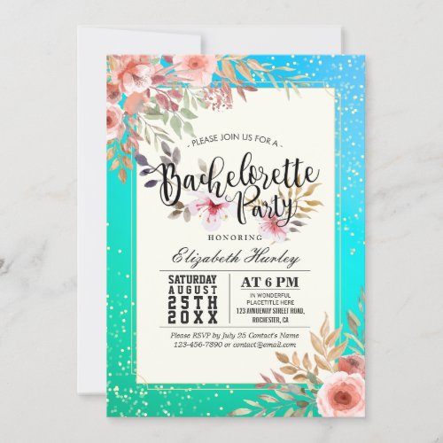 Chic Bachelorette Party Pink Floral Teal Gold Dots Invitation