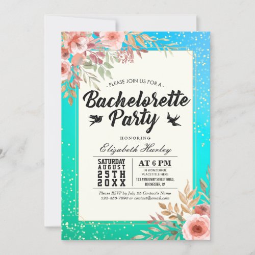 Chic Bachelorette Party Pink Floral Teal Gold Dots Invitation