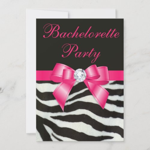 Chic Bachelorette Party Zebra Stripes Hot Pink Bow Invitation