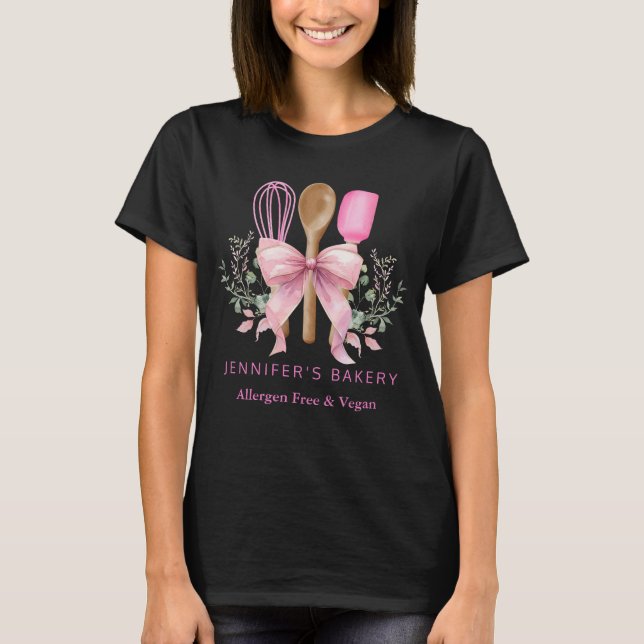 Chic Bakery Pastry Chef Baking Utensils Pink Bow T-Shirt (Front)
