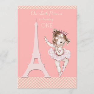 Chic Ballerina Eiffel Tower Chevrons 1st Birthday Invitation