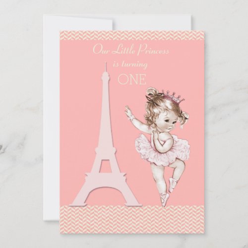 Chic Ballerina Eiffel Tower Chevrons 1st Birthday Invitation