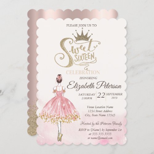 Chic BallerinaTiara Diamonds Rose Gold Sweet 16  Invitation