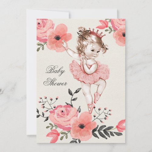 Chic Ballerina Watercolor Flowers Baby Shower Invitation