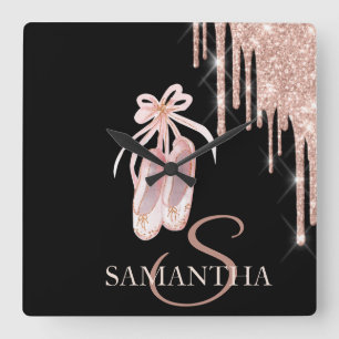 Chic Ballet Shoes Rose Gold Glitter Drips Square Wall Clock