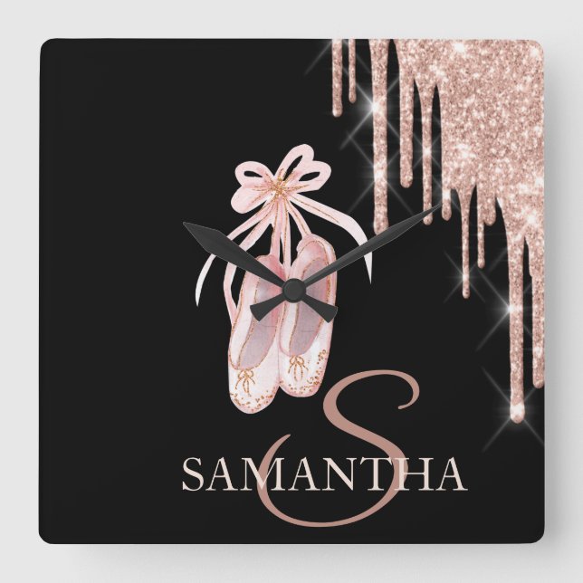 Chic Ballet Shoes Rose Gold Glitter Drips  Square Wall Clock (Front)