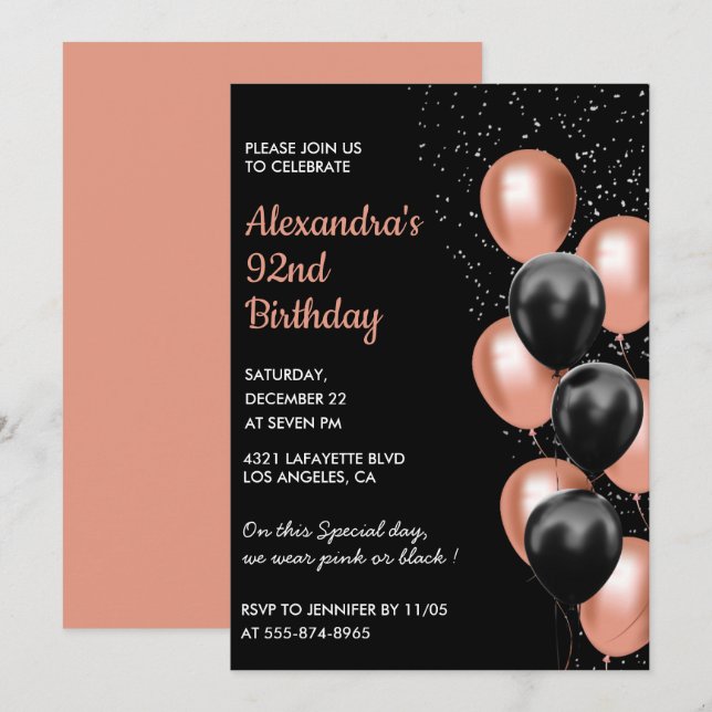 Chic Balloon 92nd birthday invitation  (Front/Back)