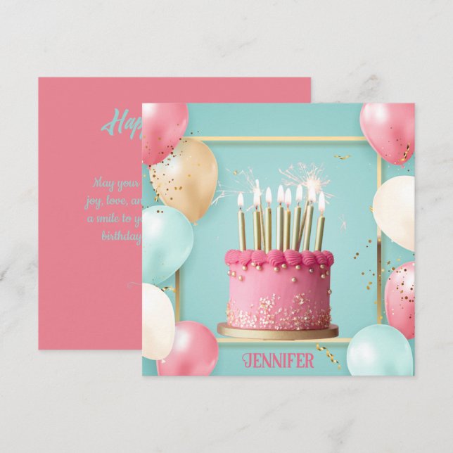 Chic Balloons & Candlelit  Editable Birthday cake Card (Front/Back)